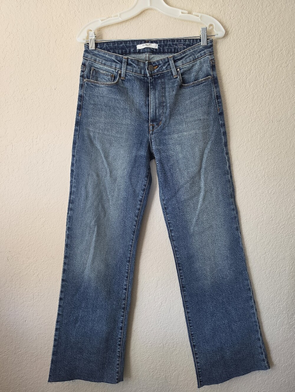 Fidelity Denim Katie High Rise Classic Flare Jeans Medium Wash Raw Hem 27